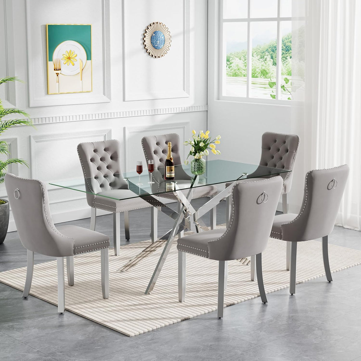 7 Piece Modern Glass Dining Table Set for 6, 60" Rectanguler Glass Kitchen Table and Velvet Tufted Chairs Set of 6, Space-Saving Kitchen Dining Room Table Set 6 for Dinette Breakfast, Silver-Grey