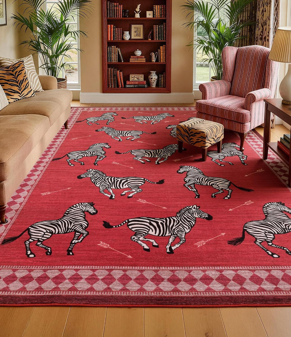 YIHOUSE Red Zebra Area Rugs 6×9, Washable Animal Print Rug with Checkered Border, Non-Slip Low Pile Mid-Century Modern Carpet for Living Room, Bedroom, Dining Room, Home Decor