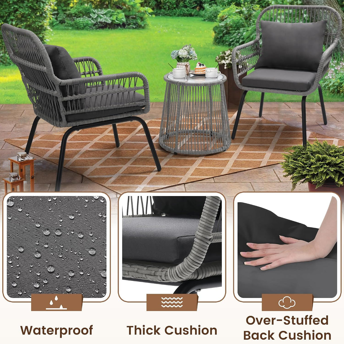 wildformers 3 pieces rattan wicker bistro set, patio, side view