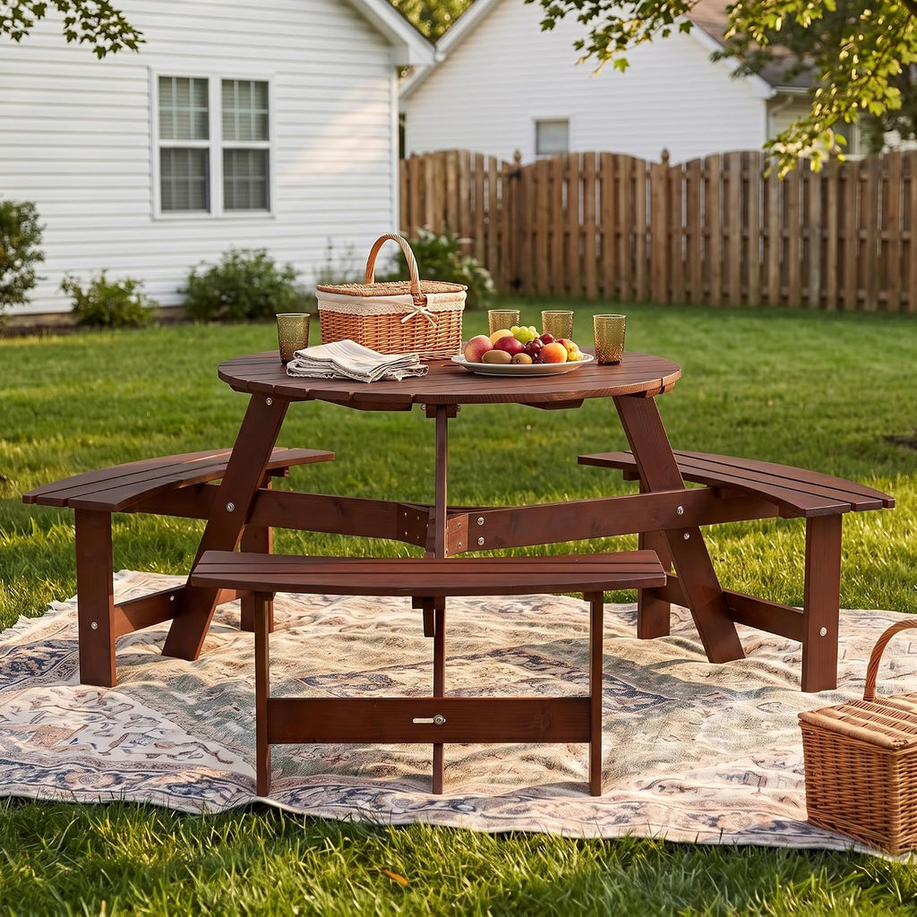 Round 6 Person Outdoor Picnic Table with 3 Built-in Benches