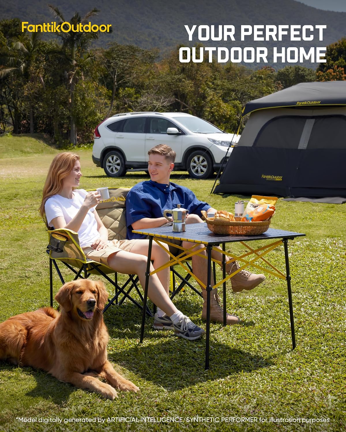 FanttikOutdoor Zeta L11 Duo Pro Double Camping Chair, 2 Person Portable Folding Couch, Up to 600 lbs, High Strength Loveseat with Cup Holder & Carry Bag for Travel, Patio, Games, BBQ, Backyard, Khaki