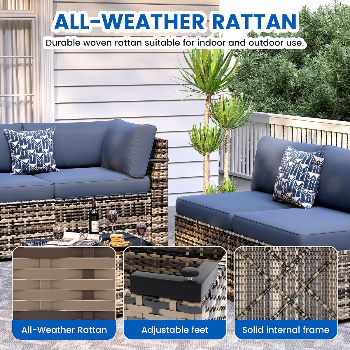 8-Piece Patio Furniture Set with 44” Fire Pit Table - All-Weather Wicker Conversation Sectional Sofa & Coffee Table with Thickened Cushions for Backyard, Garden(Navy Blue)