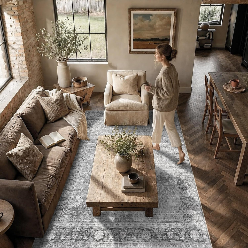 JOOJA 8x10 Grey Vintage Soft Low Pile Non Slip Boho Washable Area Rug
