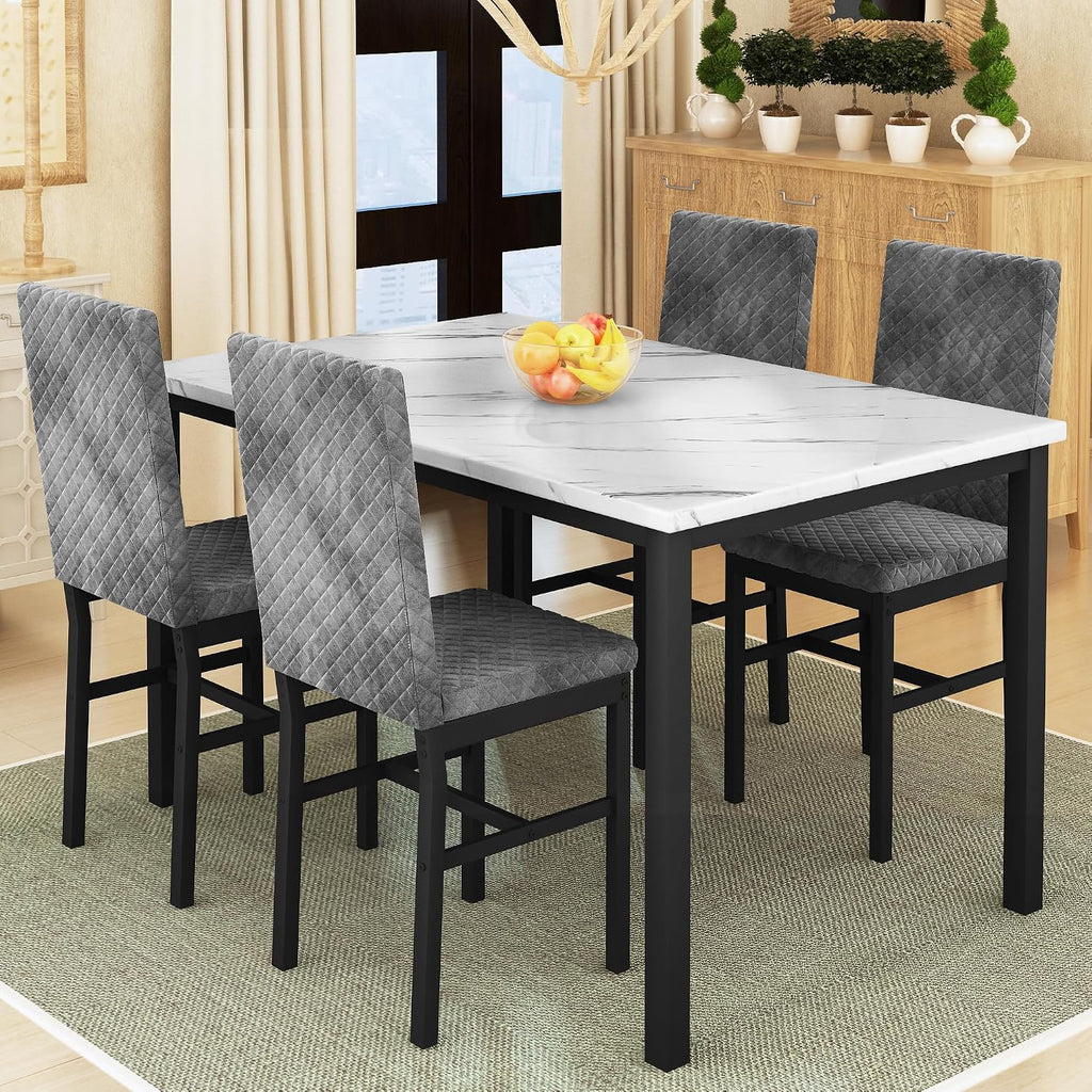 DKLGG Dining Table Set for 4, Faux Marble Kitchen Table with Velvet Upholstered Dinner Chairs, Small Dining Room Sets for Small Space Apartment Home