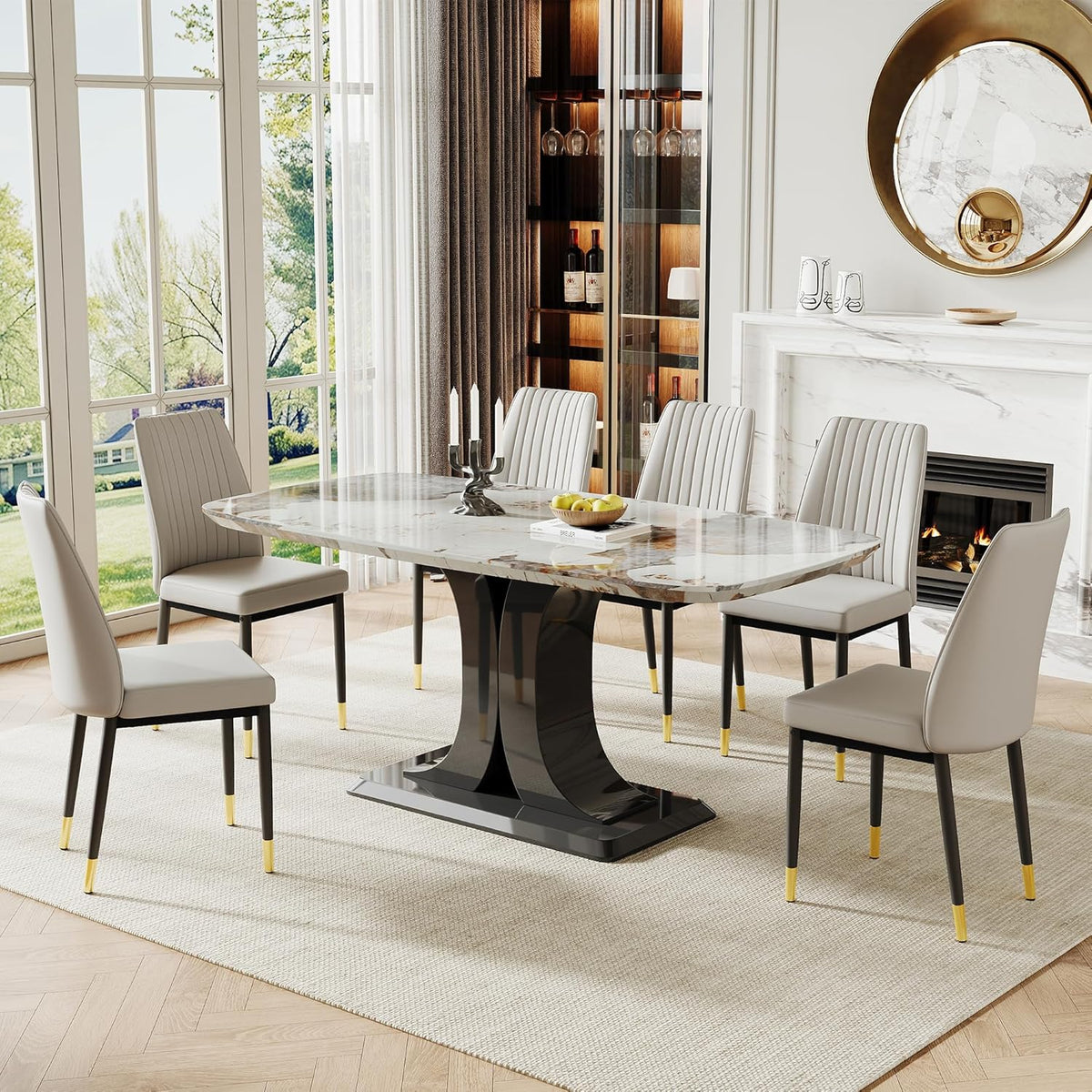 Modern Dining Table Set for 6, Marble Kitchen Table Chair Set for 6, Rectangular Kitchen Table with 6 Pu Leather Upholstered Chair for Dining Room (White with 6 Light Grey Chairs)