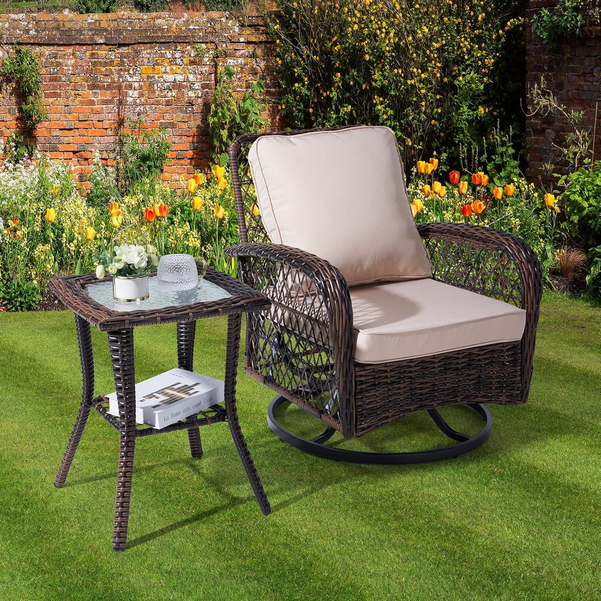 vingli outdoor side table with storage wicker patio shown in use