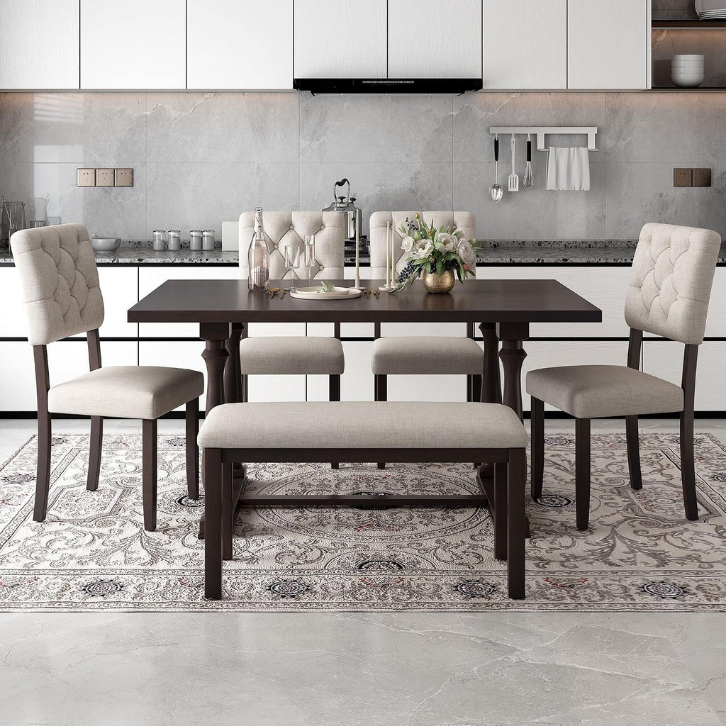 Merax 6-Piece Modern Dining Table Set for 4-6, Classic Dining Table Set with Including 1 Dining Table, 4 Cushions Chairs and Bench, Wooden Legs Table Set for Dining Room, Espresso