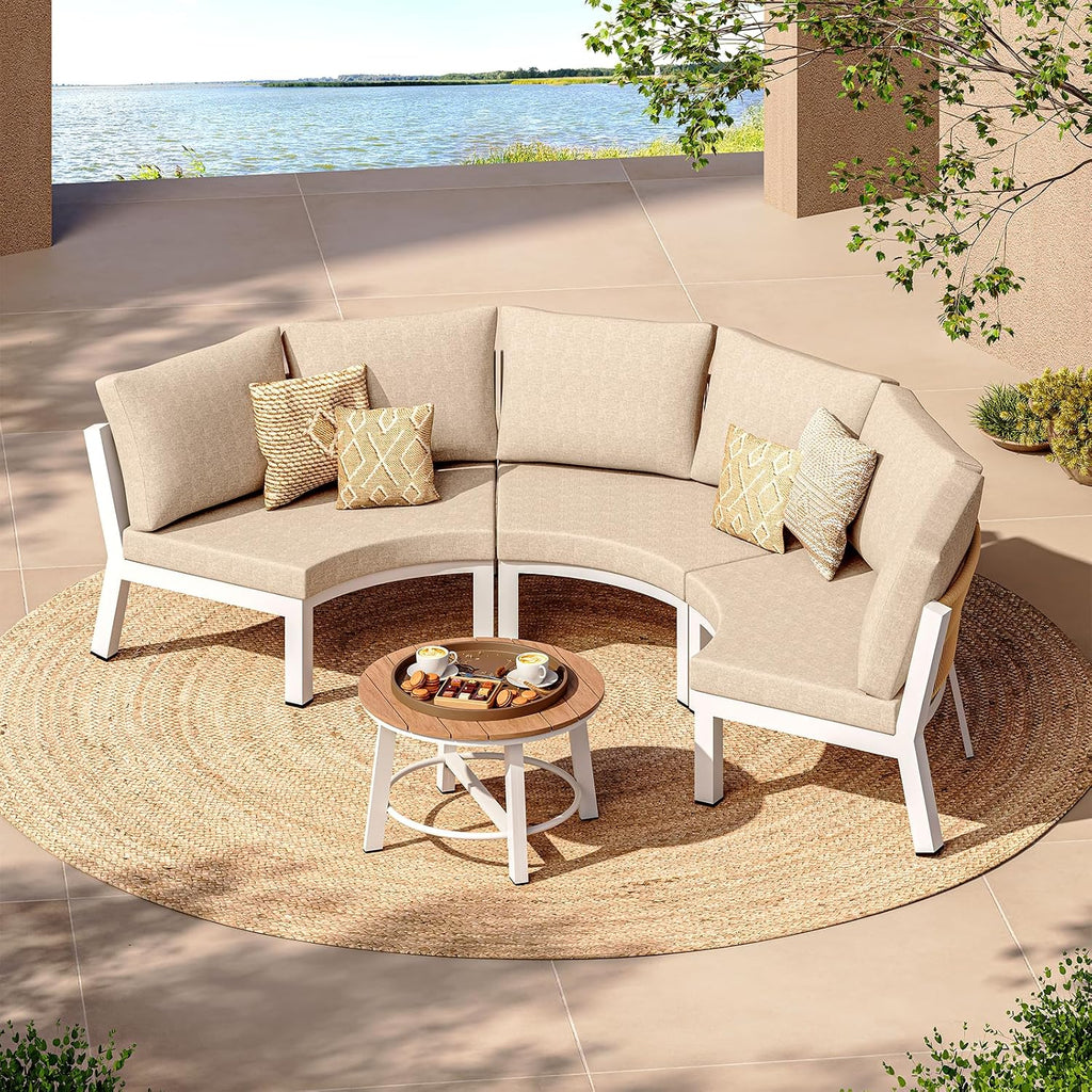 Luxury Patio Furniture Set for 5 People, 4-Piece Curved Patio Conversation Sets with Woven Rope & Modular Coffee Table, Half Moon Outdoor Furnitrue Set for Deck, Garden, White