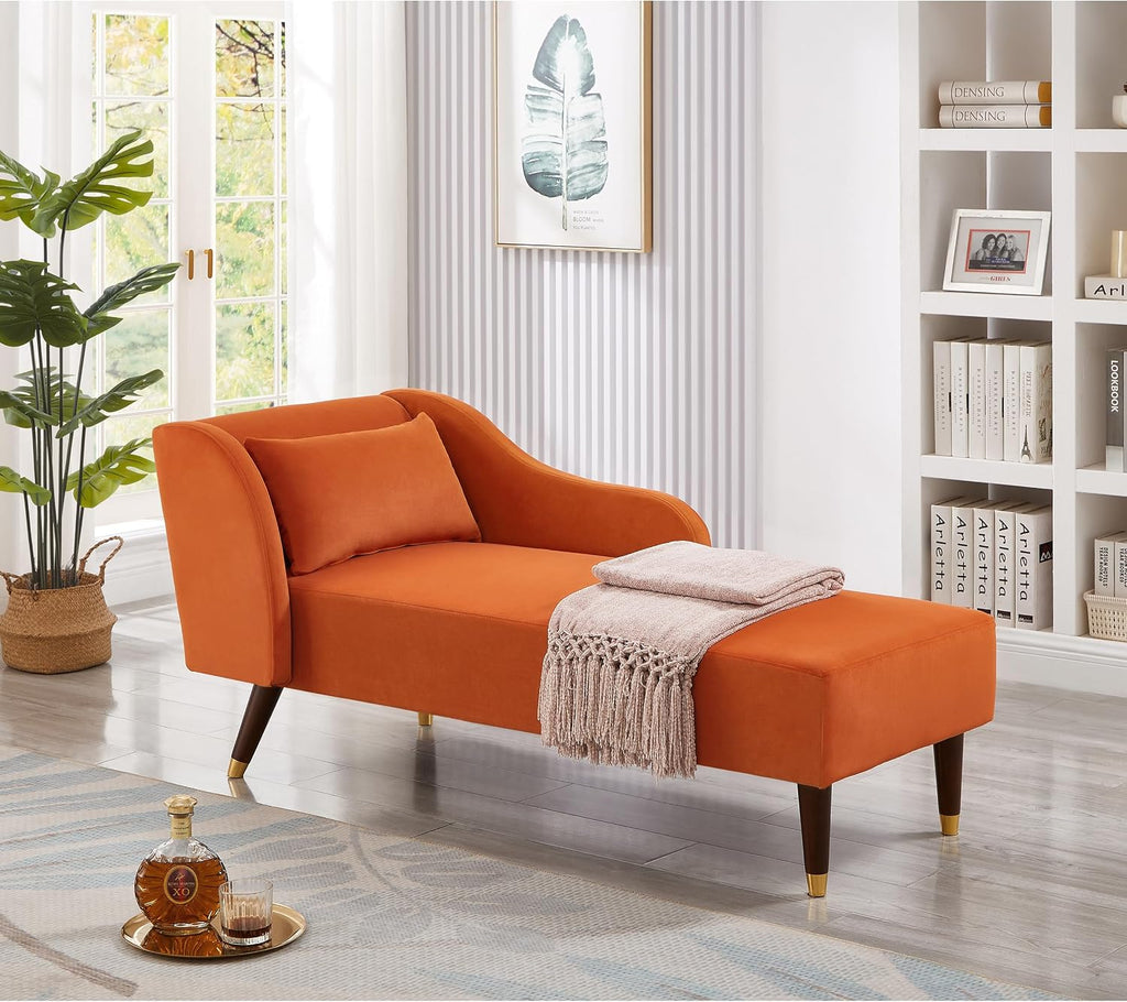 Bellemave Chaise Lounge Indoor, Velvet Upholstered Lounge Chair with Pillow, Solid Wood Legs Modern Chaise Lounge Chair for Living Room Bedroom Office (Orange)