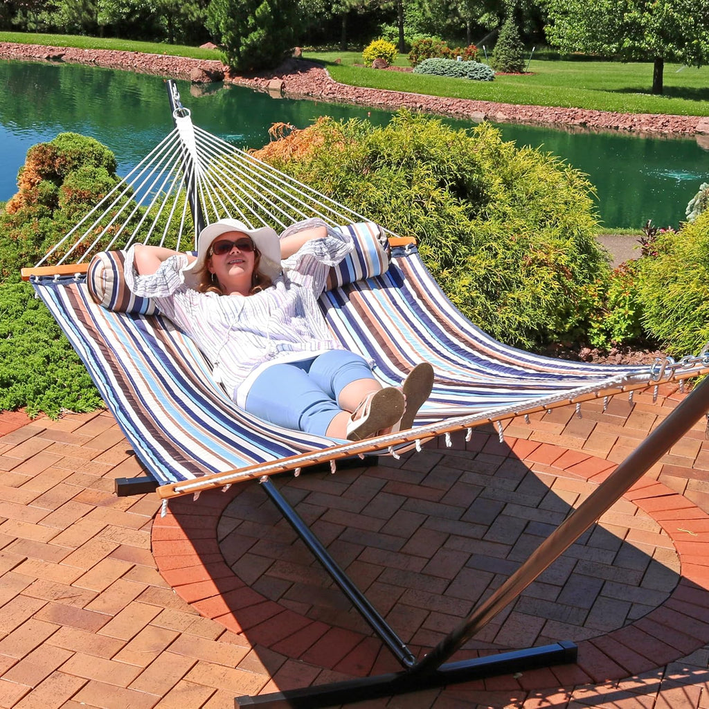 Sunnydaze Quilted Double Hammock for Outside with Pillow, Ocean Isle