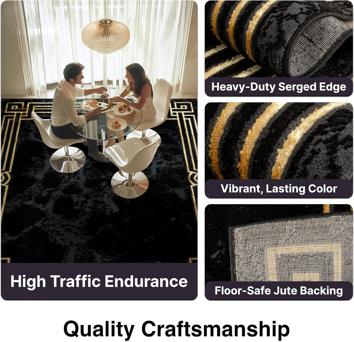Well Woven Lezlee Abstract Modern 7'10" x 9'10" Area Rug Black Gold Marble Border - for Living Room, Dining Room, Bedroom
