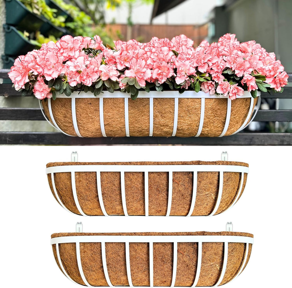 LaLaGreen Deck Railing Planter Boxes (2 Pack, 30") White Metal Rectangular Window Flower Box with Coco Liner, Large Wall Hanging Planter for Outdoor Plants Balcony Fence Deck Rail Porch Patio Garden