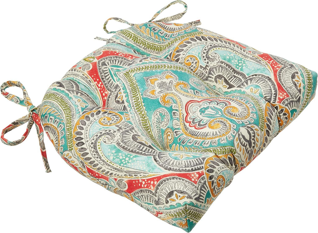 pillow perfect paisley indoor/outdoor chairpad with ties, reversible showing dimensions