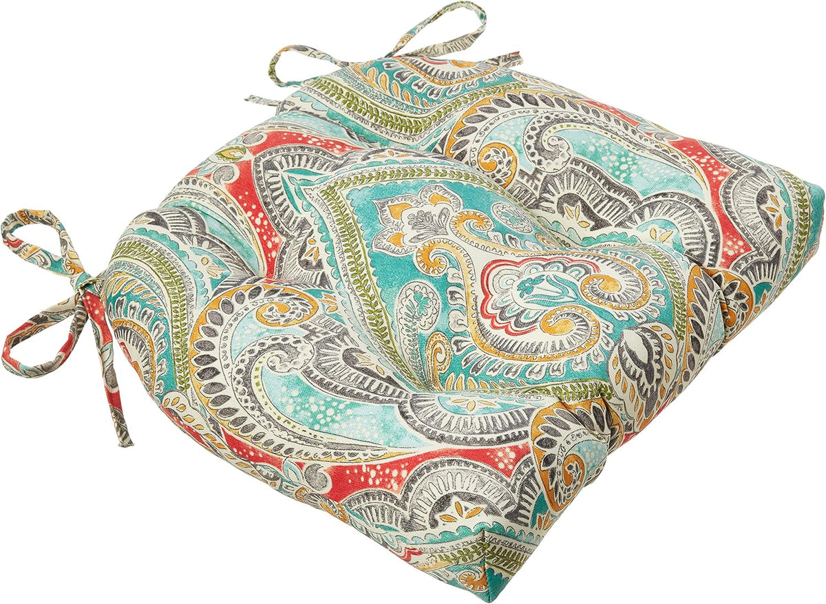 pillow perfect paisley indoor/outdoor chairpad with ties, reversible showing dimensions