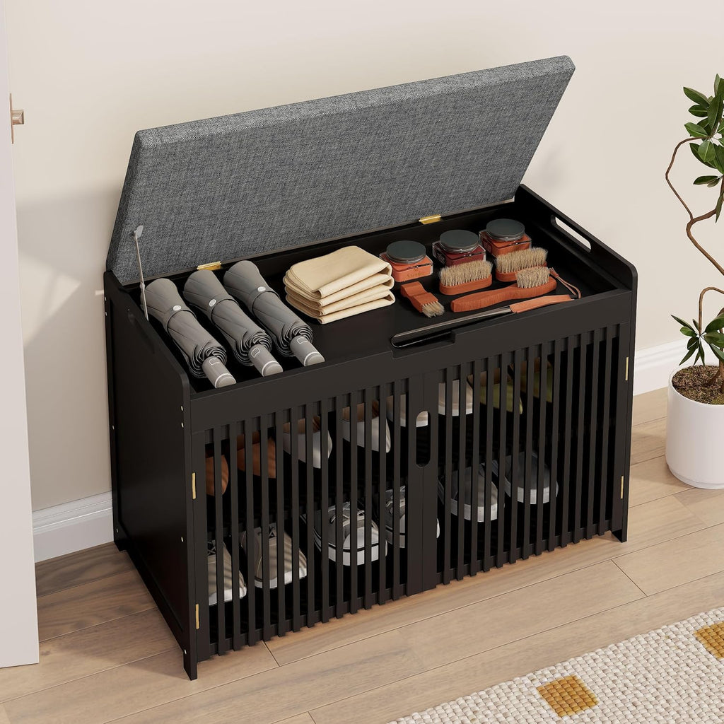Shoe Storage Bench with Cushion, 2-Tier Bamboo Shoe Rack for Entryway