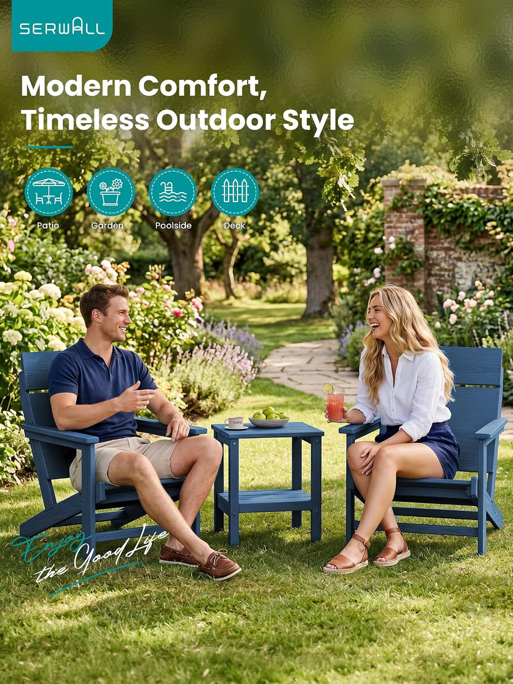 SERWALL Modern Adirondack Chairs,Slateless Design,Solid Backrest,Blue