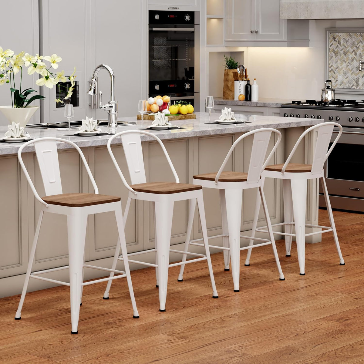 24" Metal Counter Height Bar Stools with Back Set of 4 Off-White