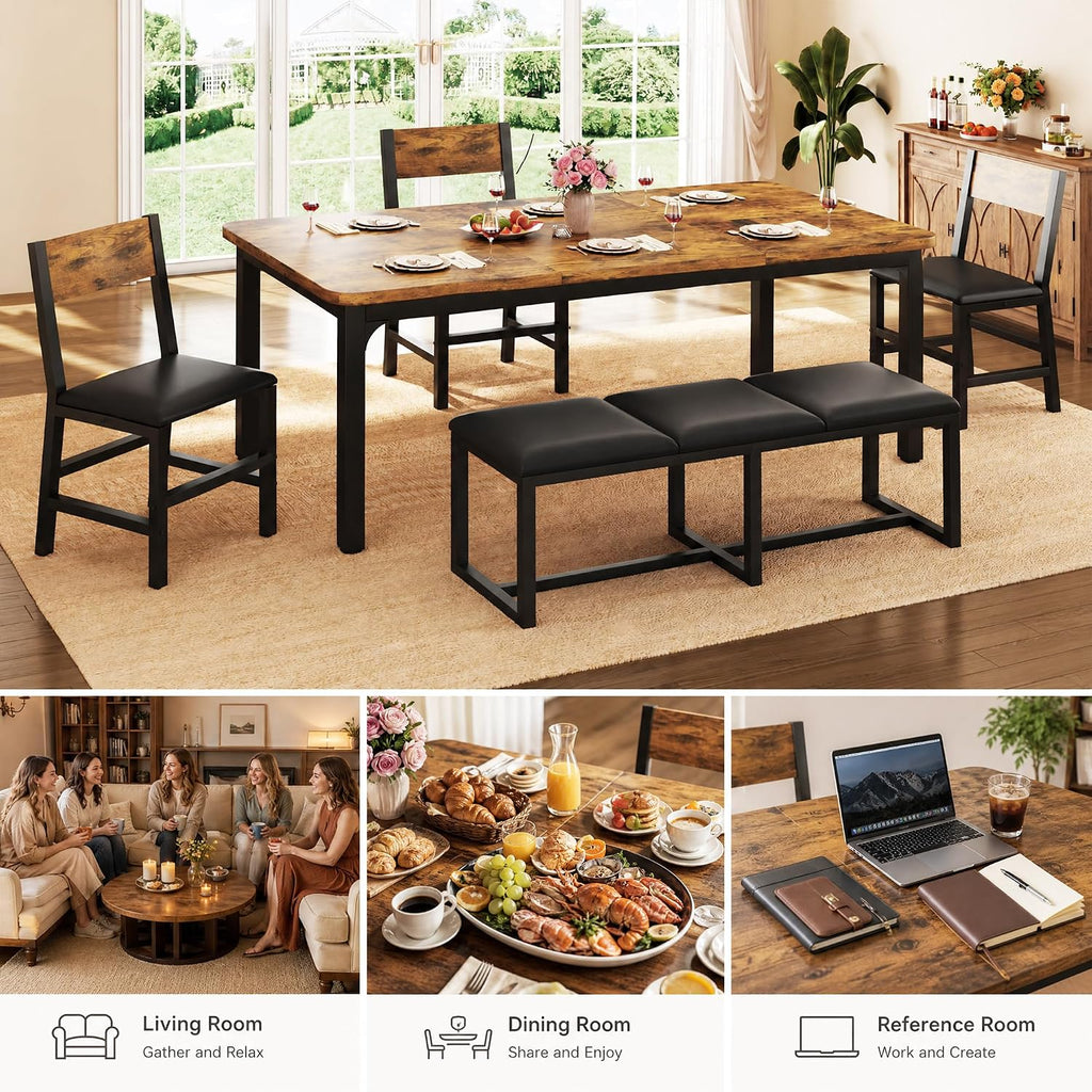 5-Piece Dining Table Set for 6, 63'' Long Kitchen Table Cushion Chairs Set with PU Bench and 3 Chairs, Rectangle Dining Table with Metal Frame & MDF Board, Space-saving for Small Apartment, Rustic