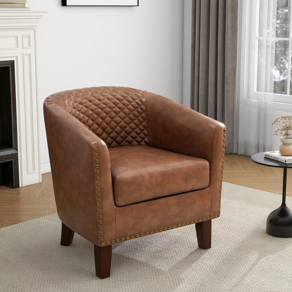Faux Leather Barrel Accent Chairs Set of 4, Modern Armchair, Brown