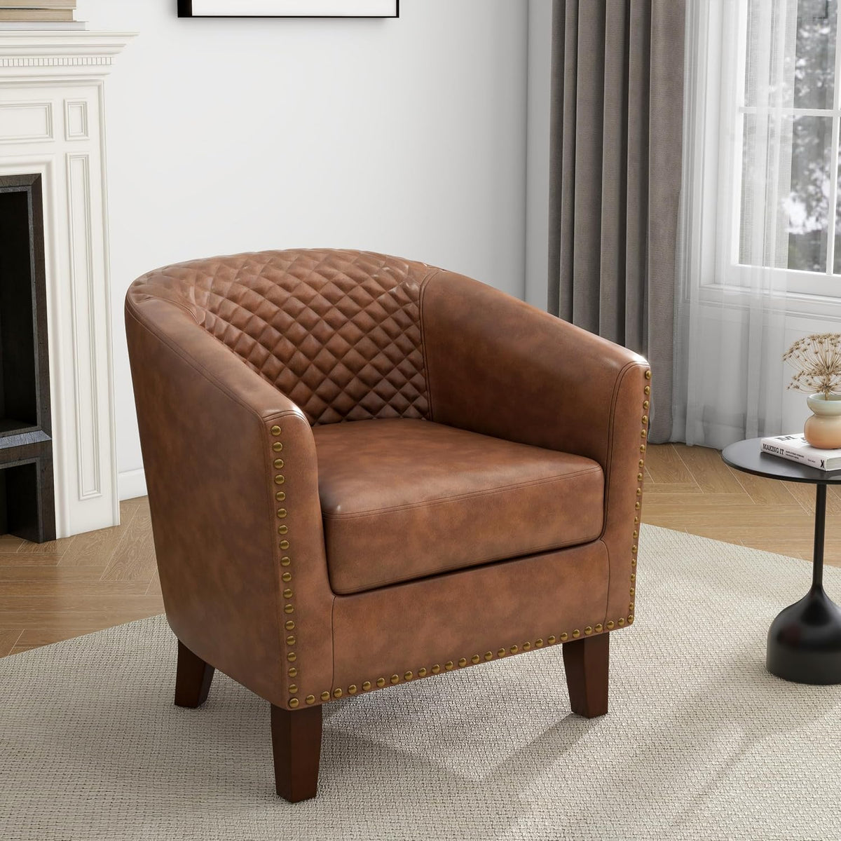 Faux Leather Barrel Accent Chairs Set of 4, Modern Armchair, Brown