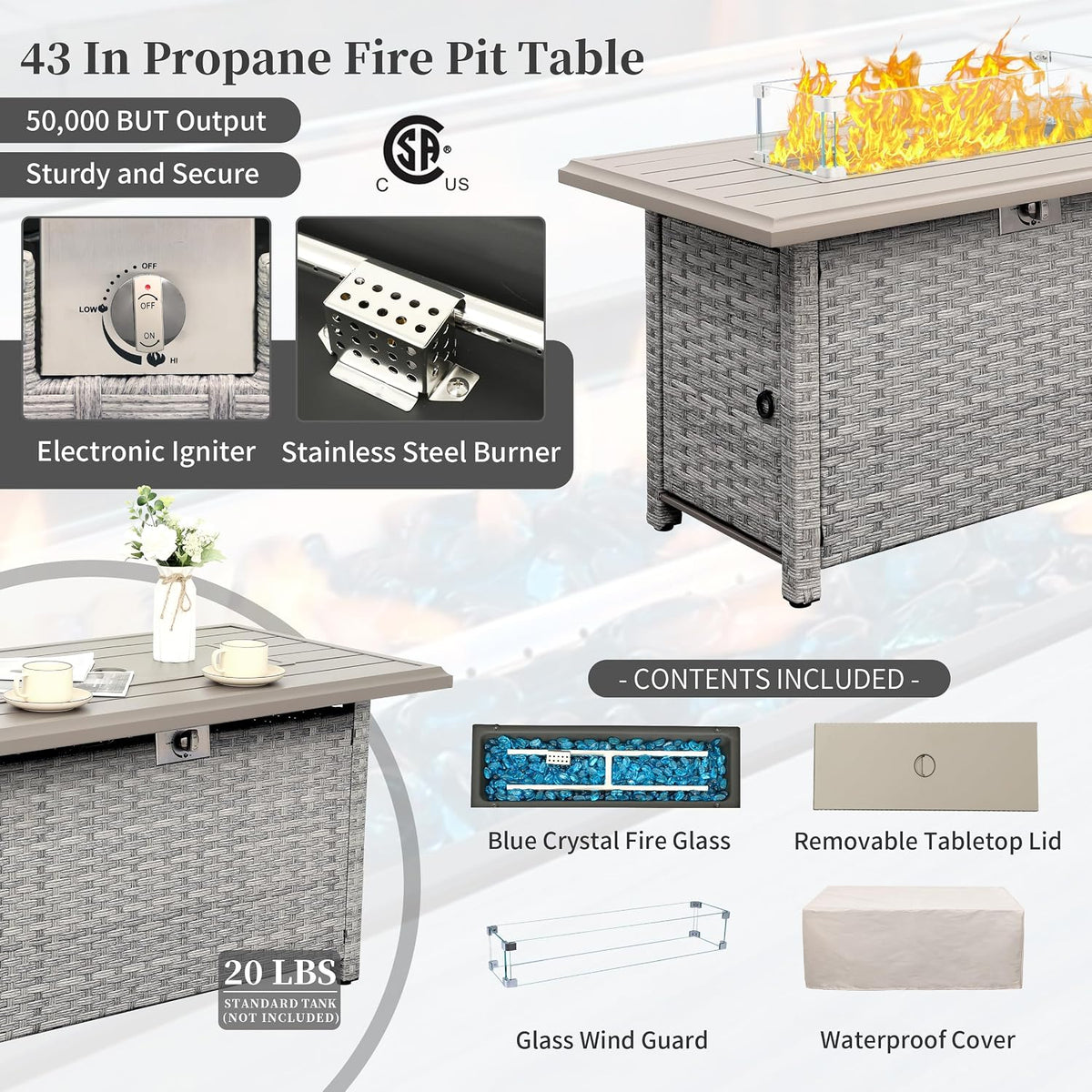 WAROOM Patio Furniture Set 4 Piece Outdoor Wicker Conversation Sets PE Rattan Couch Sectional Sofa with Fire Pit Table, Grey Cushion