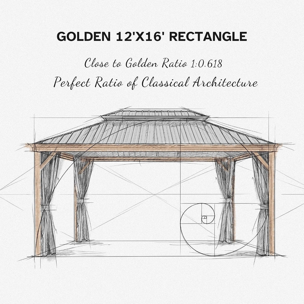 PURPLE LEAF Outdoor Gazebo 12' x 16' with Drainage System, Wood Grain Frame