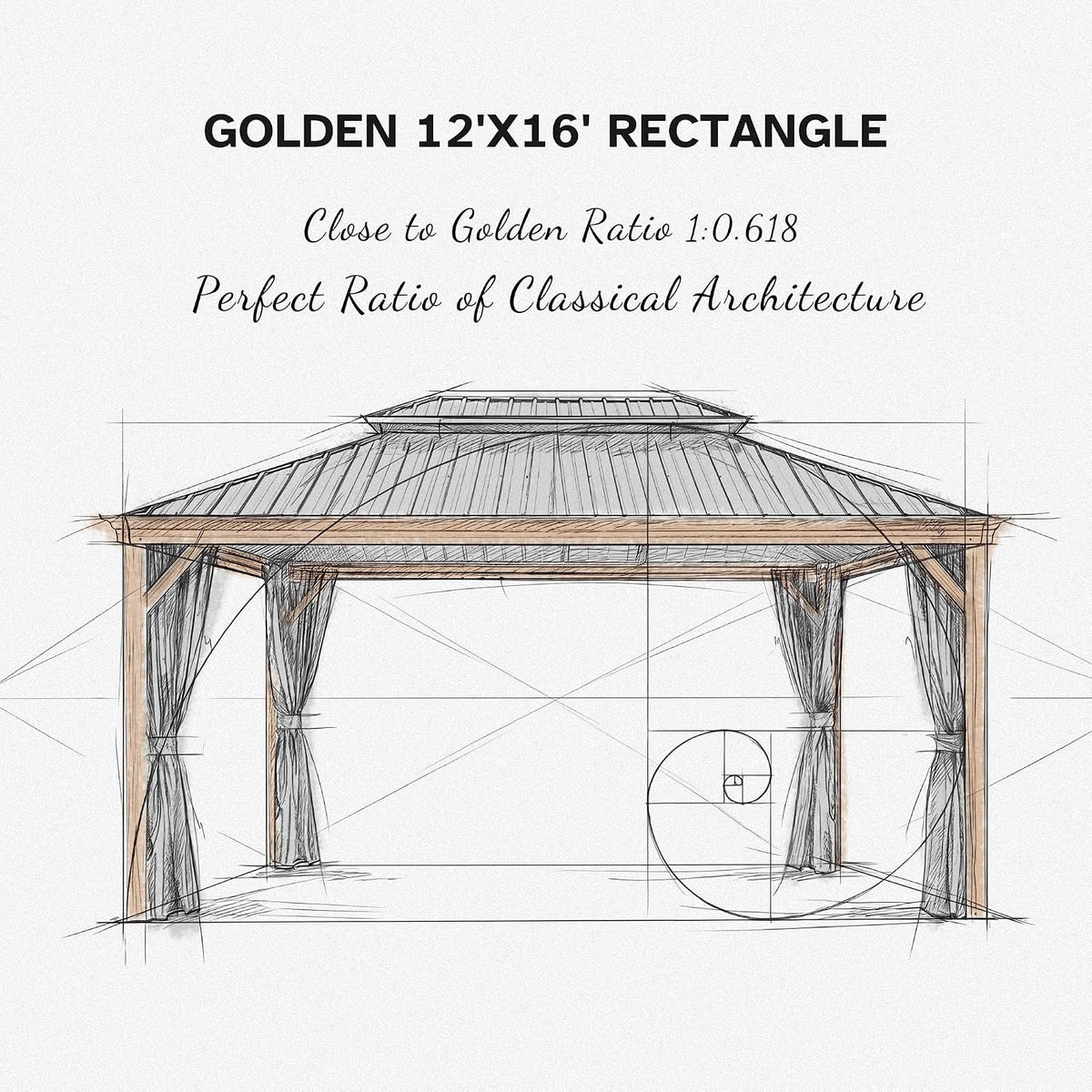 PURPLE LEAF Outdoor Gazebo 12' x 16' with Drainage System, Wood Grain Frame