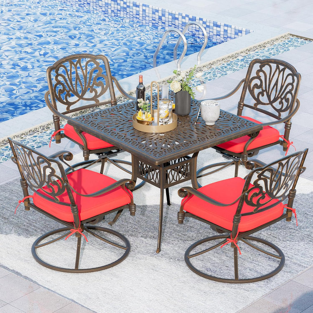 Grepatio 5 Piece Cast Aluminum Patio Dining Set, Outdoor Furniture Set with 4 Swivel Rocker Ding Chairs, 4 Cushions and 35.4" Square Patio Table with 2.4" Umbrella Hole, Antique Bronze (Red)