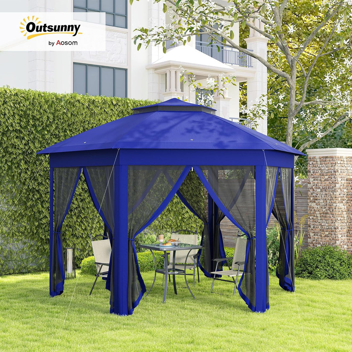 Outsunny 13' x 13' Pop Up Gazebo, Hexagonal Event Tent, Dark Blue and Black