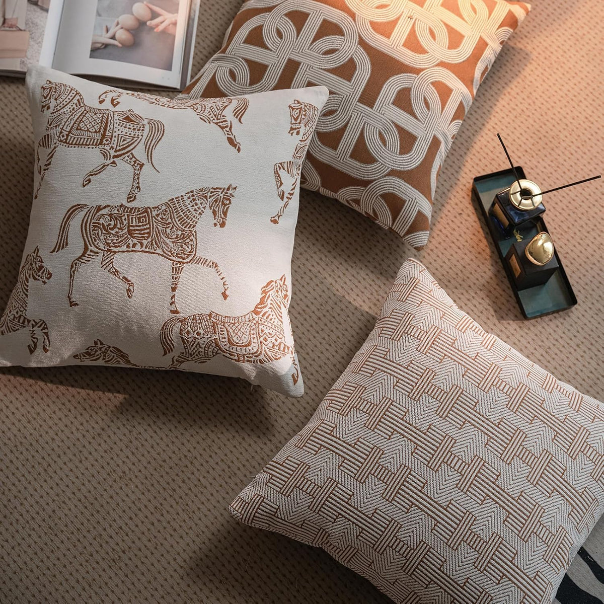 Croker Horse 22x22'' Inches Throw Pillow Cushion Cover - Orange Pig Nose Horseshoe Pattern Chenille Jacquard Embroidery Luxury Modern Style Couch Sofa Pillow for Living Room Bedroom
