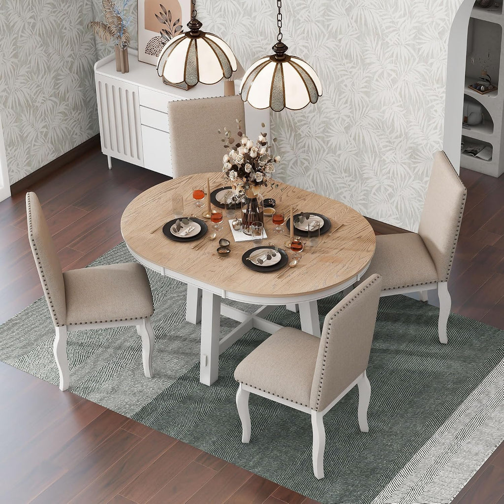 Merax Farmhouse Dining Table Set - 5-Piece Wood Round Extendable Table and 4 Upholstered Dining Chairs (Oak Natural Wood + Antique White)