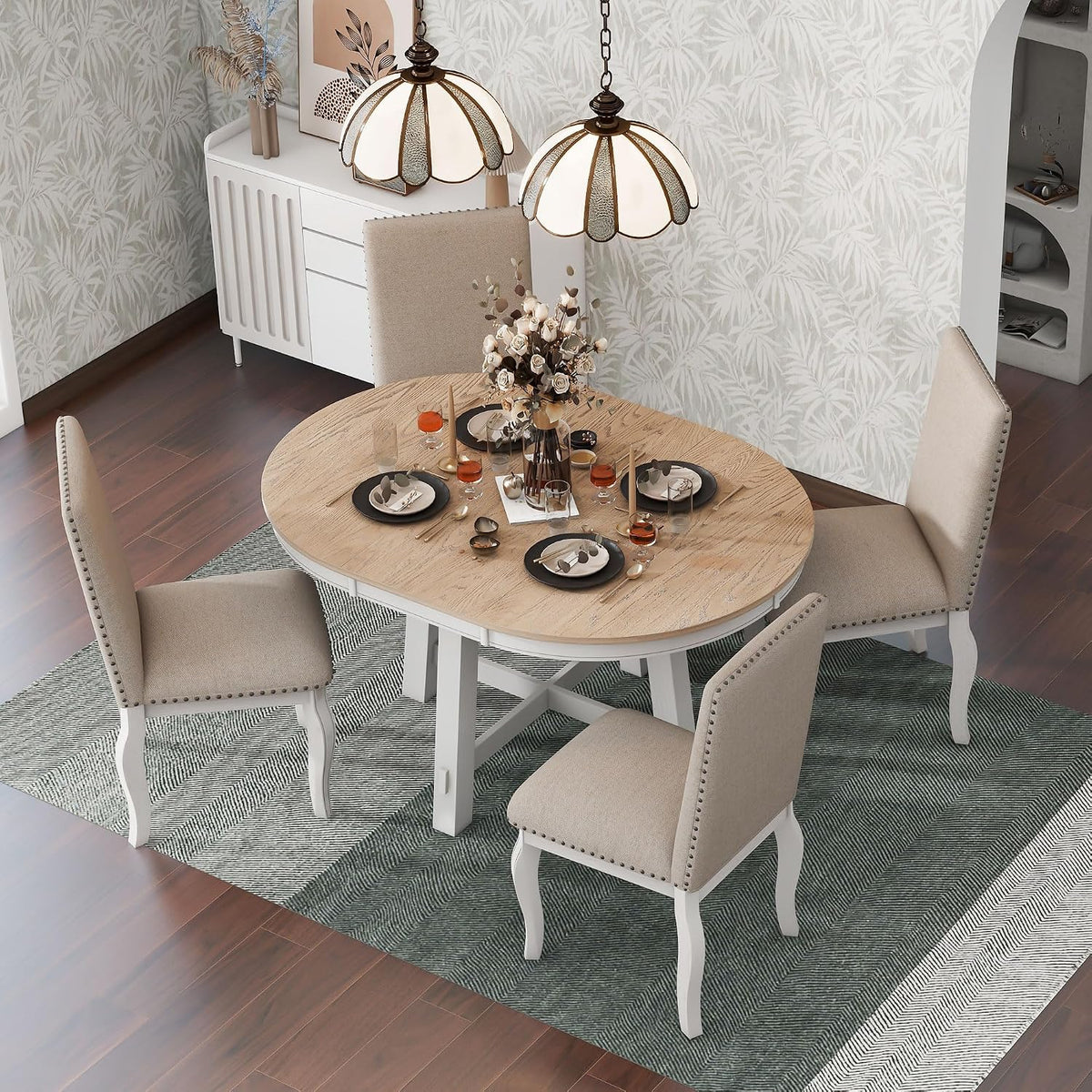 Merax Farmhouse Dining Table Set - 5-Piece Wood Round Extendable Table and 4 Upholstered Dining Chairs (Oak Natural Wood + Antique White)