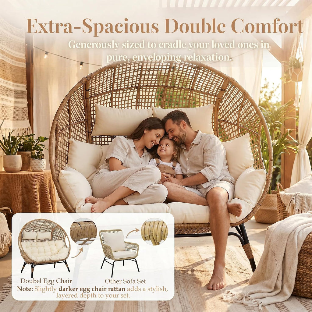 NICESOUL 6 Piece Boho Patio Furniture Set, 500lbs Heavy Duty Wicker Outdoor Sectional with Double Egg Chair, Cozy L-Shape Couch Sofa Seating w/Glass Coffee Table, Beige