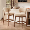Solid Wood Counter Height Bar Stools Set of 2, Fluffy Boucle Bar Chairs with Frame, Mid-Century Modern Upholstered Stools with Backrest for Kitchen Island, Home Bar, Oatmeal
