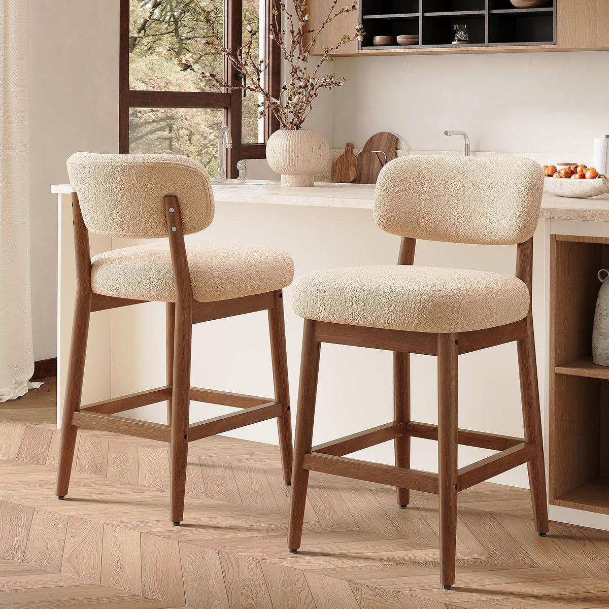 Solid Wood Counter Height Bar Stools Set of 2, Fluffy Boucle Bar Chairs with Frame, Mid-Century Modern Upholstered Stools with Backrest for Kitchen Island, Home Bar, Oatmeal