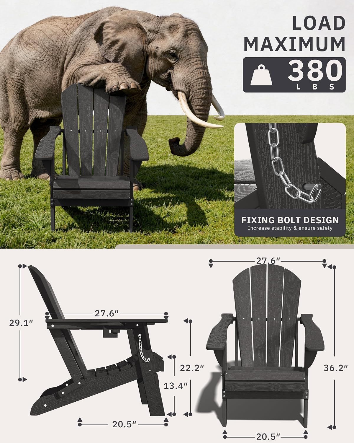 AreShark HDPE Folding Adirondack Chair with Cup Holder, Set of 2, Gray