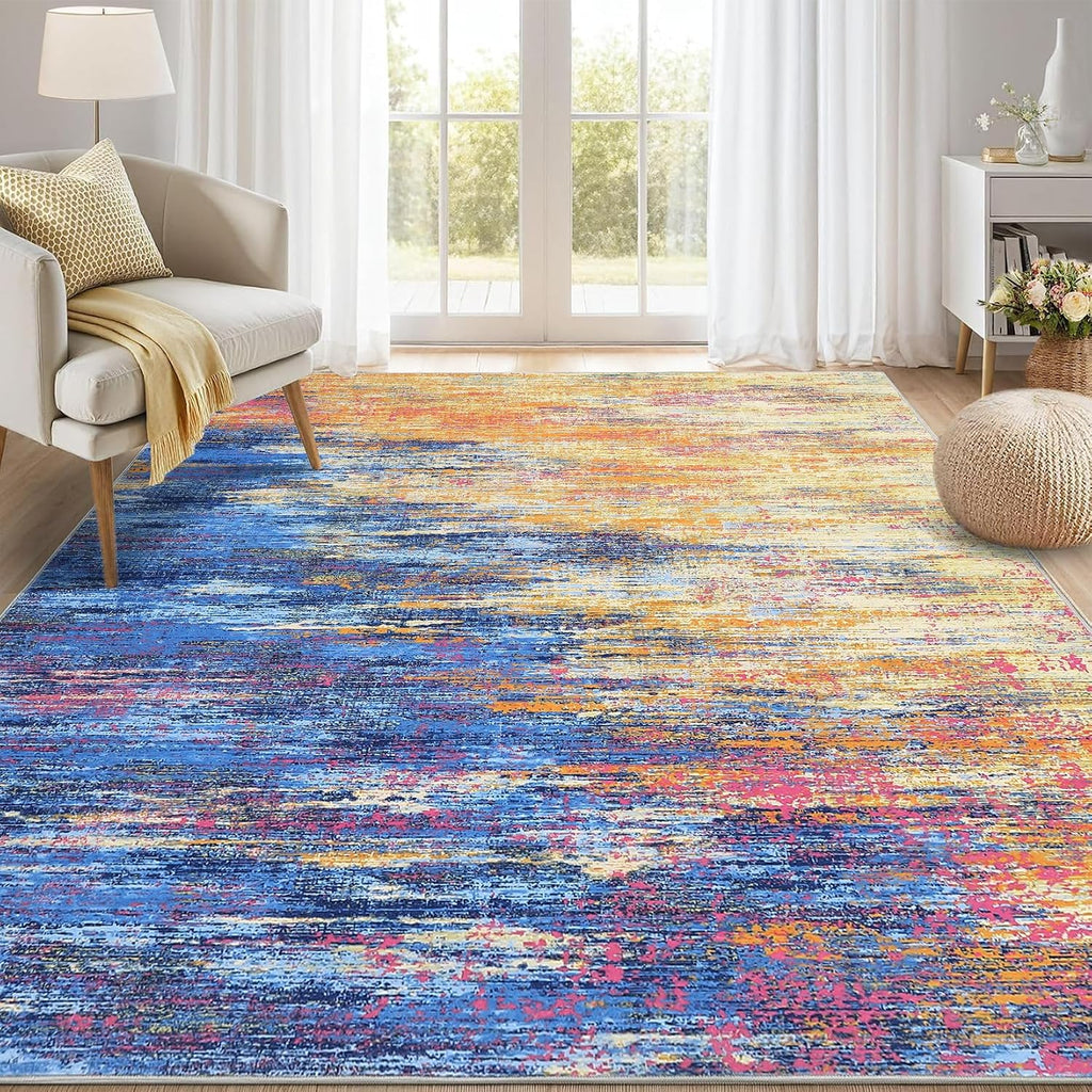 ROYHOME Modern Abstract Living Room Rug 8x10, Blue/Orange