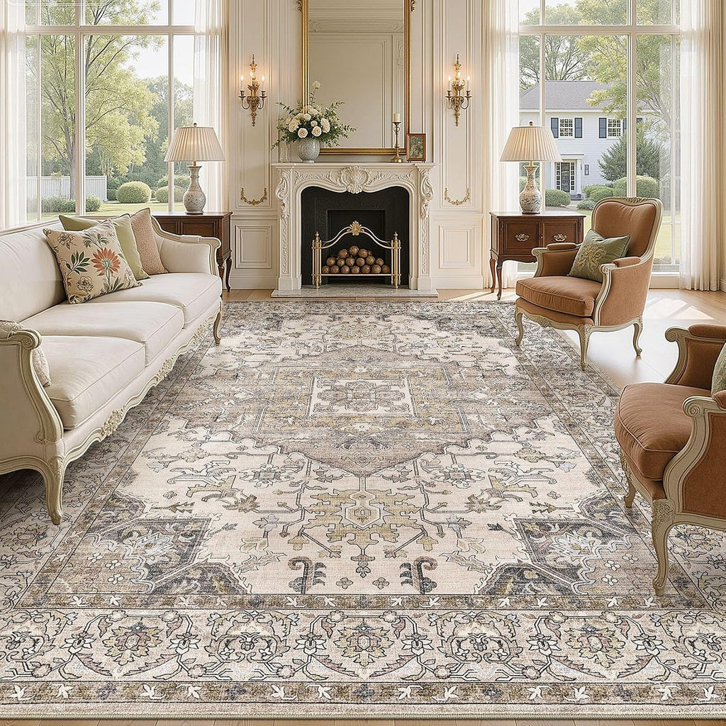 8x10 Area Rugs for Living Room: Washable Soft Brown Neutral Rug
