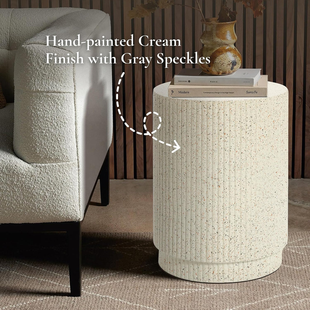 LuxenHome 18" Cement Outdoor Side Table, Cream Round End Tables for Patio