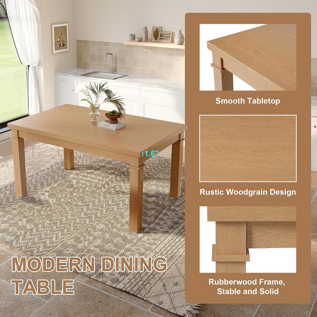 P PURLOVE 6 Piece Dining Table Set, Wood Rectangle Kitchen Table with 4 Upholstered Chairs 1 Bench for Dining Room and Living Room (Natural)