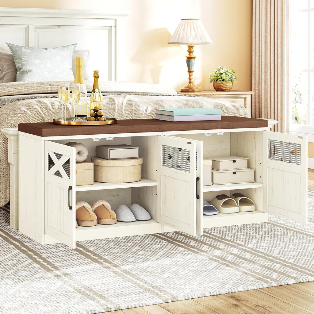 Hzuaneri 47.2" Shoe Storage Bench with 4 Barn Doors & Padded Seat Cushion