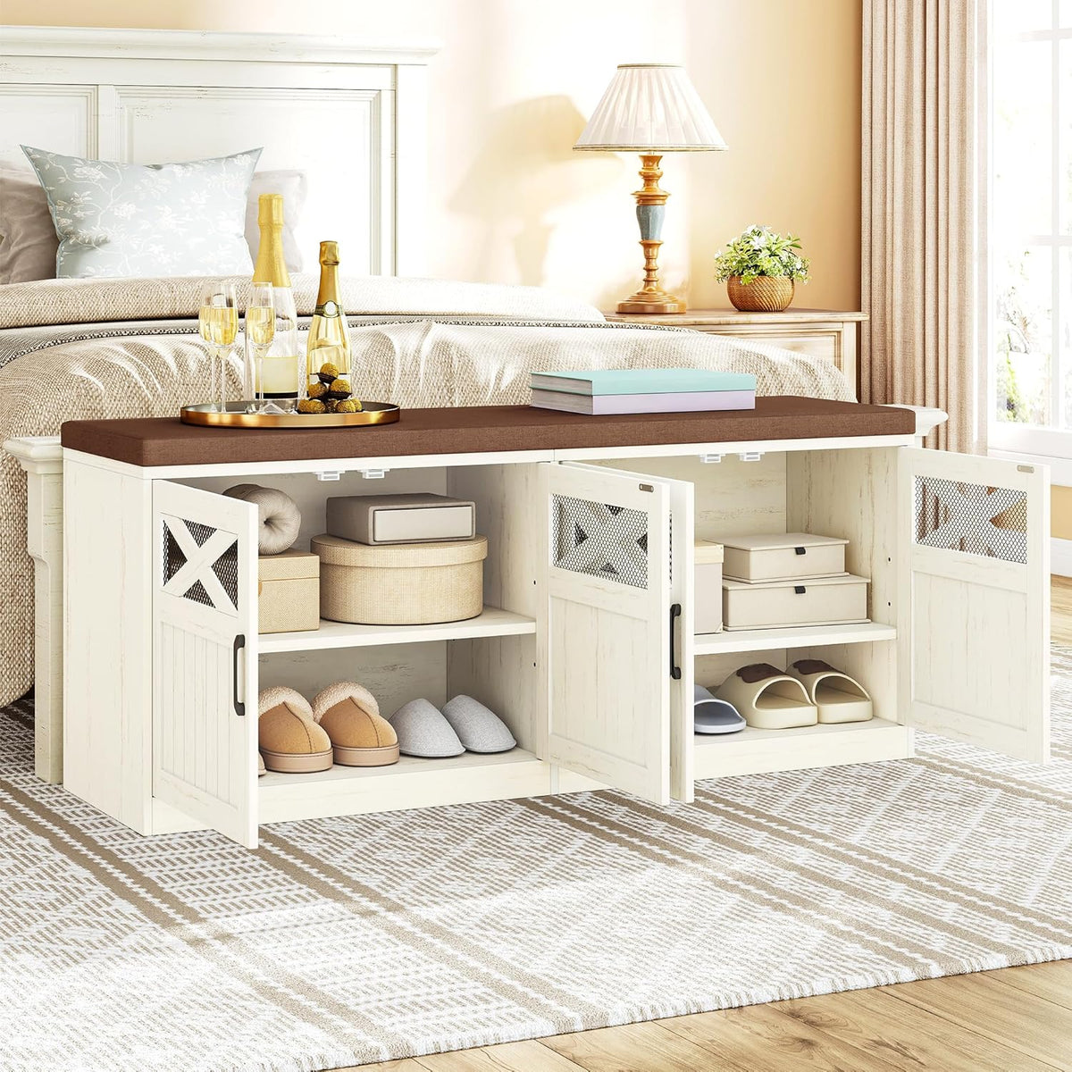 Hzuaneri 47.2" Shoe Storage Bench with 4 Barn Doors & Padded Seat Cushion