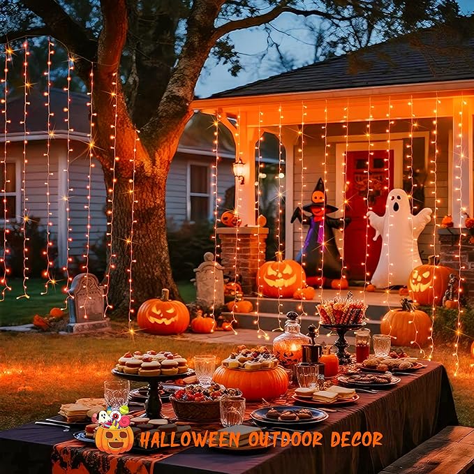 JMEXSUSS 300LED Orange Halloween Lights with Remote, 9.8x9.8ft Halloween Curtain Light, 8 Modes Orange Hanging String Lights Plug in for Fall Bedroom Thanksgiving Window Party Indoor Outdoor Decor