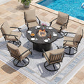 Kurapika 7 Piece Metal Outdoor Patio Furniture Set with Round Fire Pit Table, Patio Conversation Sets 6 Swivel Chairs with Thick Cushion and 40000 BTU Fire Pit Table, Sand