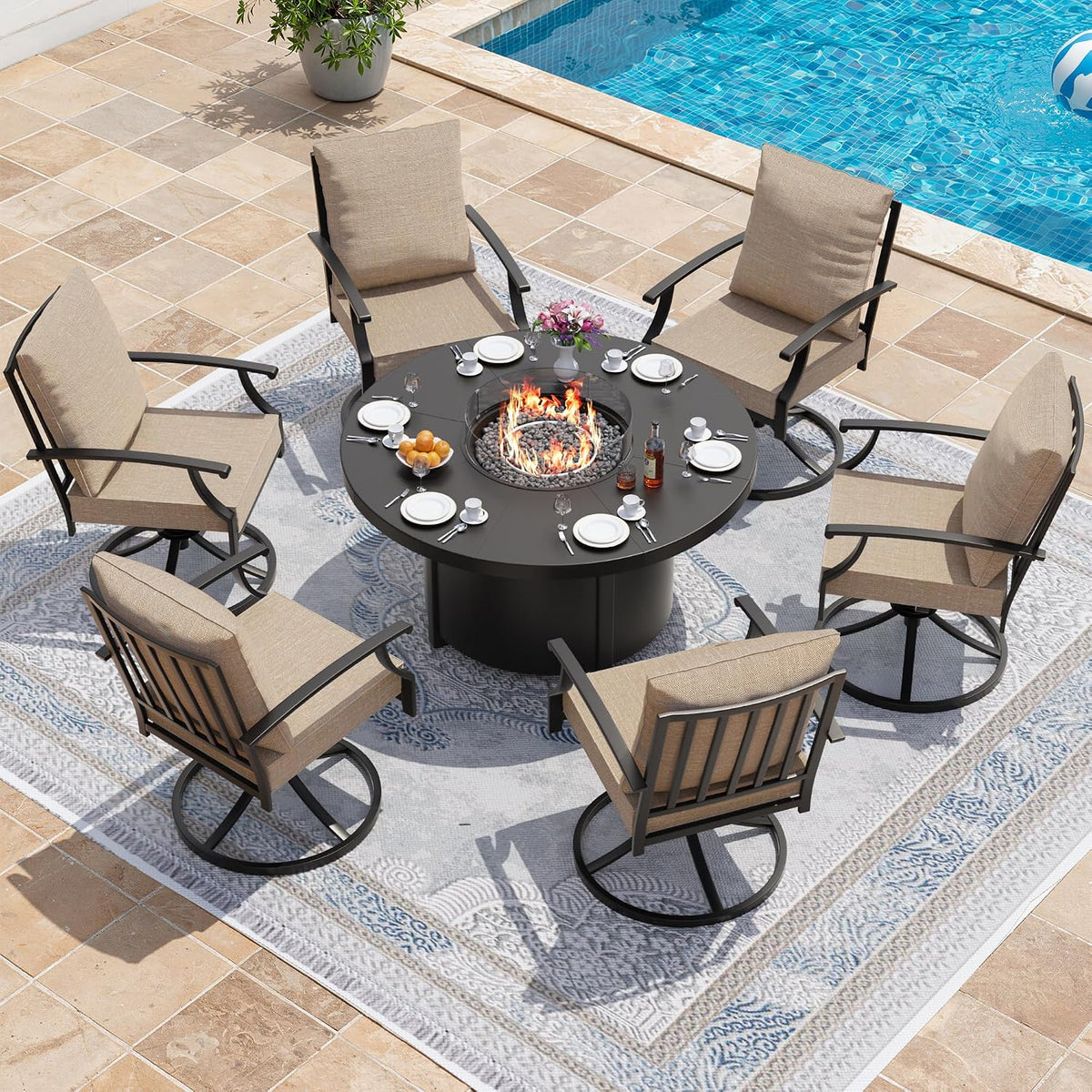 Kurapika 7 Piece Metal Outdoor Patio Furniture Set with Round Fire Pit Table, Patio Conversation Sets 6 Swivel Chairs with Thick Cushion and 40000 BTU Fire Pit Table, Sand