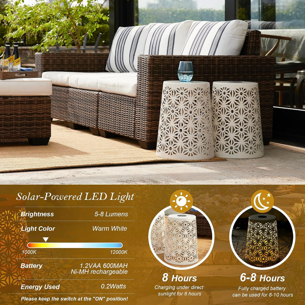 Glitzhome Ourdoor Side Table Set of 2,Solar Iron Cutout Geometric Pattern Decorative Garden Stool Planter Stand,Accent Table or Lantern for Patio Poolside Party Yard,White