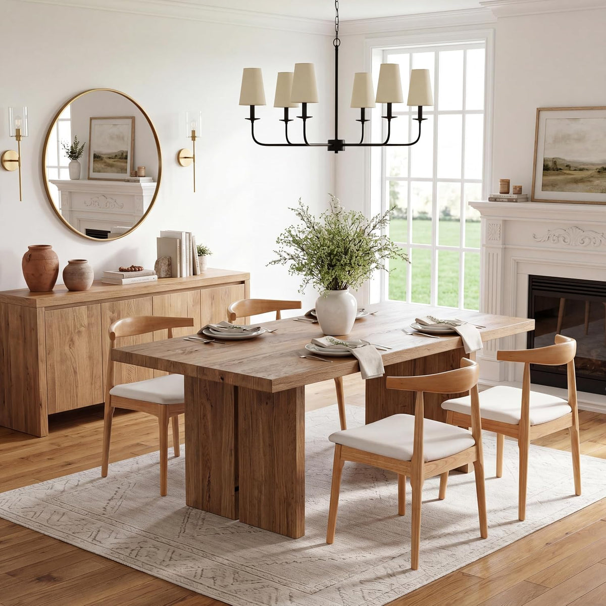 ROCITY Wood Dining Chairs Set of 4 Fabric Kitchen Chairs with Linen Cushion and Barrel Backs Mid Century Modern Dining Room Chairs Natural Wood