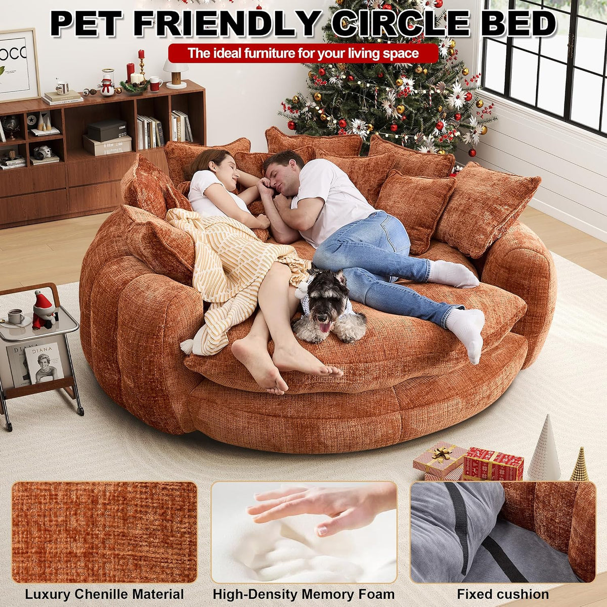 81.1" Cloud Couch Sleeper Sofa, Oversized Round Chaise Lounge Chair Indoor, Modern Chenille Boneless Couch with 14 Pillows, Upholstered Barrel Daybed, Memory Foam Sofas for Living Room, Orange