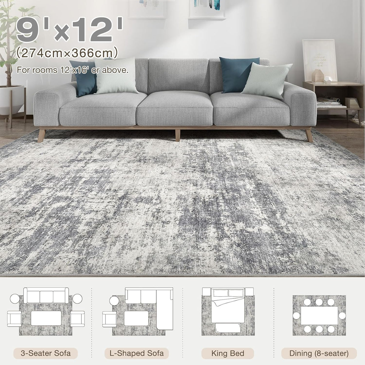 Washable 9x12 Area Rugs for Living Room: Abstract Modern Home Decor Rug