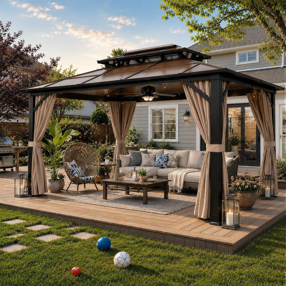 YOLENY 10x13 Gazebo with Double Polycarbonate Roof & Aluminum Frame